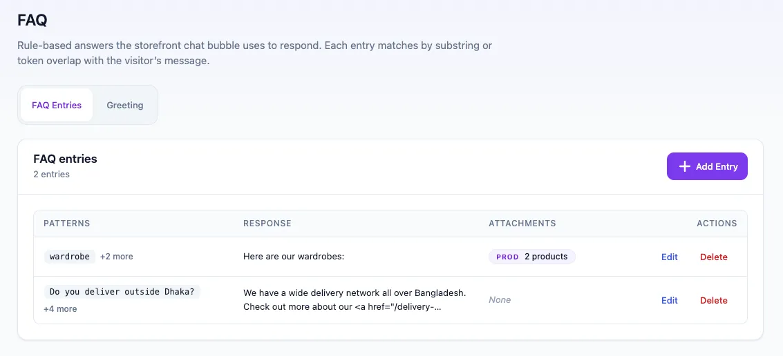 Wow Chat admin screen for FAQ entries, connecting shopper questions with rule-based answers and product attachments.